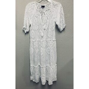O.P.T One Pretty Time White Eyelet 100% Cotton Boho Peasant Midi Dress Size Med
